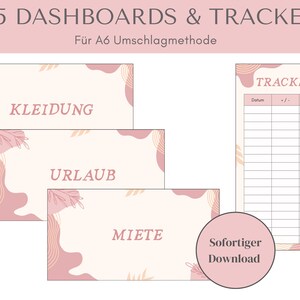 Könnte beinhalten: Ein Set aus druckbaren Finanzplanungskarten mit einem zartrosa und cremefarbenen abstrakten botanischen Design. Die Karten enthalten Beschriftungen für Kleidung, Urlaub und Miete sowie ein vertikales Tracker-Raster mit Spalten für Datum, +/- und Summe.