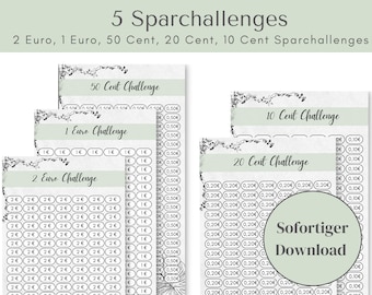 Sparchallenge Bundle | 2 Euro, 1 Euro, 50 Cent, 20 Cent, 10 Cent | Digitales Sparspiel | Finanztracker | Geld sparen Vorlage PDF