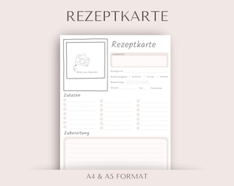 Rezeptkarte zum Ausdrucken | Rezeptkarte im A4 PDF Format | Rosa Rezept Vorlage | Kochbuch Rezeptkarte | Rezept Organizer Printable