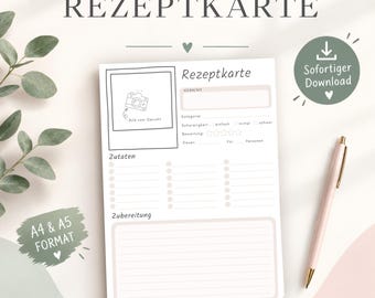 Rezeptkarte Vorlage | Lieblingsrezepte zum Ausdrucken und sammeln | Rezeptbuch selber gestalten | A4 A5 | Printable Rezeptesammlung