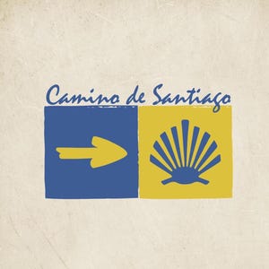 Pode incluir: Logotipo do Caminho de Santiago, com o texto "Camino de Santiago" em fonte manuscrita. O logotipo inclui um quadrado azul com uma seta amarela e um quadrado amarelo com uma concha estilizada.