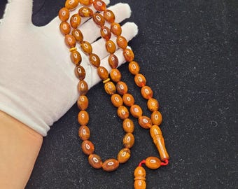 Rosario islámico de 60,80 g, 45 cuentas de ámbar báltico auténtico, Tasbih Misbaha Kahraman, cuentas de oración de olivo.