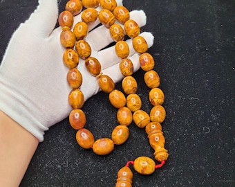106.37g. Massive Egg Yolk Amber Misbaha 33 Beads | Luxury Muslim Prayer Beads 15x19mm Oval | Antique Amber Tasbih | Collector Islamic Gift