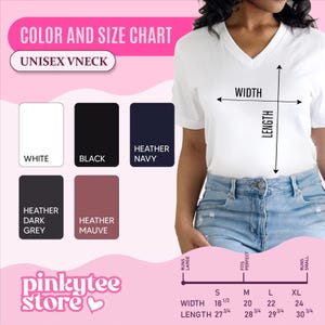 Unisex V neck tee color and size chart with 5 color swatches and width and length in inches for sizes S to XL