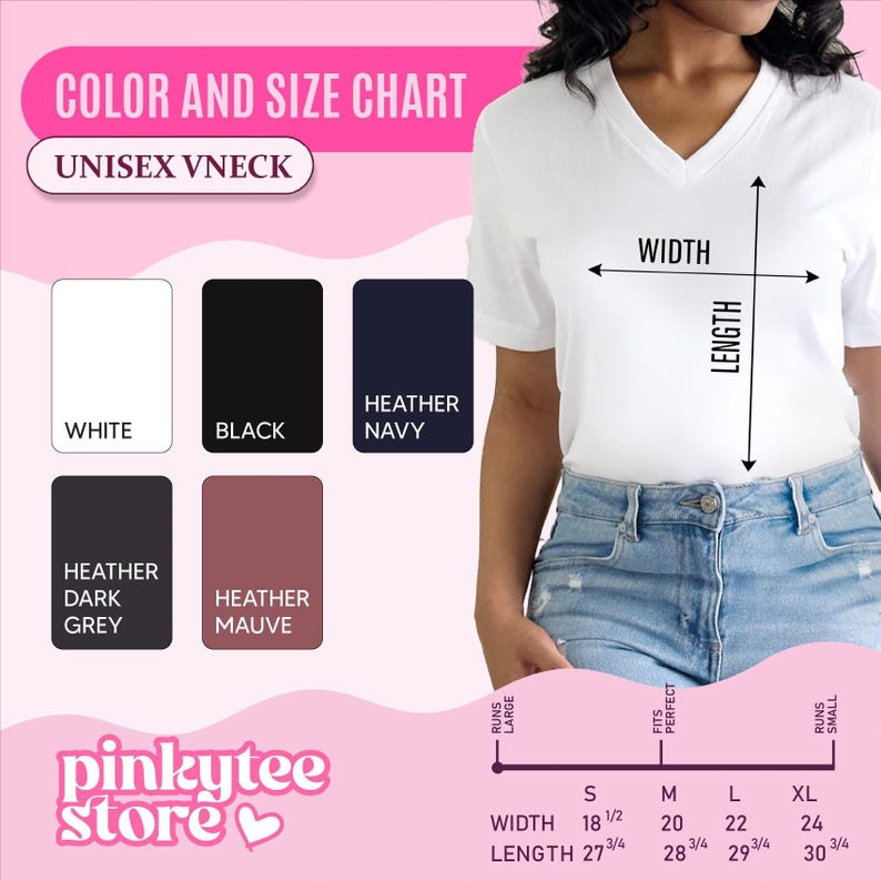 Unisex V neck tee color and size chart with 5 color swatches and width and length in inches for sizes S to XL