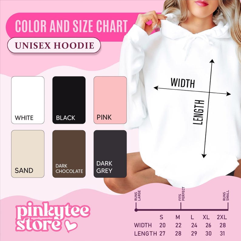 Unisex hoodie color and size chart with 6 color swatches and width and length in inches for sizes S to 2XL
