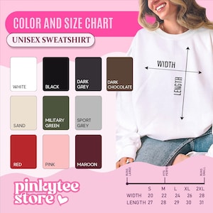 Unisex sweatshirt color and size chart with 10 color swatches and width and length in inches for sizes S to 2XL