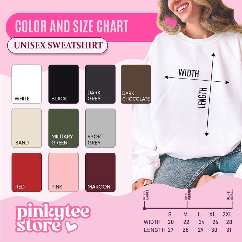 Unisex sweatshirt color and size chart with 10 color swatches and width and length in inches for sizes S to 2XL