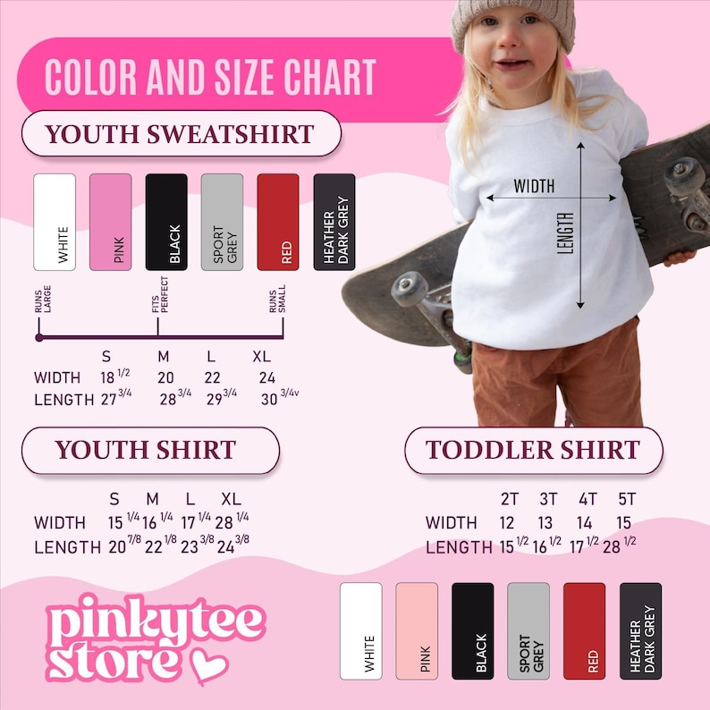 Youth sweatshirt, youth tee and toddler tee color and size chart with width and length in inches for every kids size