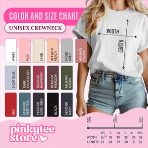 Unisex crewneck tee color and size chart with 16 color swatches and width and length in inches for sizes XS to 2XL