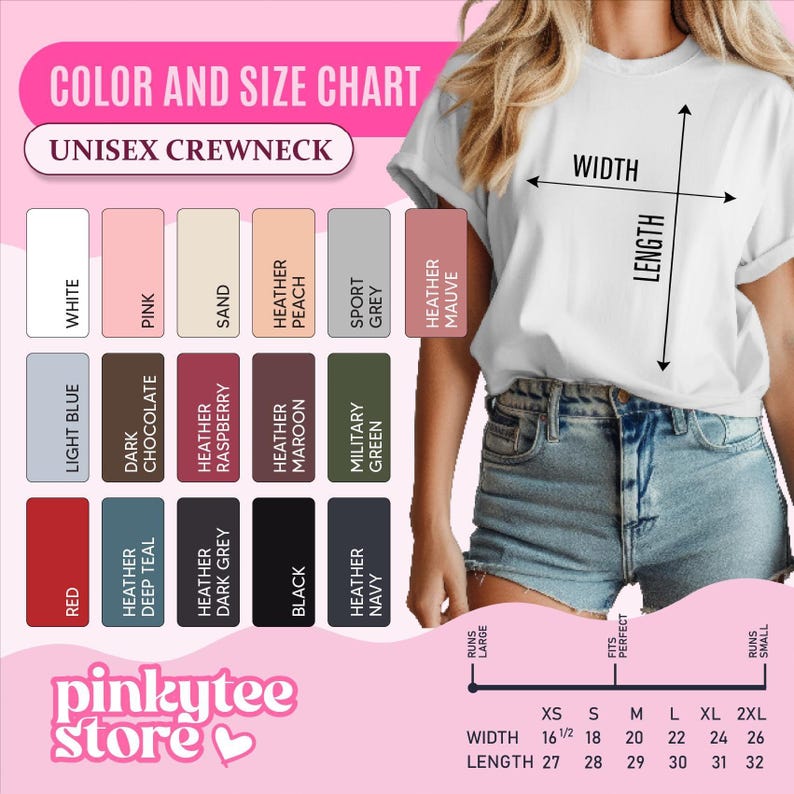 Unisex crewneck tee color and size chart with 16 color swatches and width and length in inches for sizes XS to 2XL
