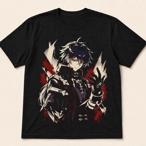 May include: A black short-sleeve t-shirt featuring a graphic print of an anime-style character with dark hair, wearing a dark coat with metallic accents, set against a background of red and white abstract shapes and sharp, angular lines.