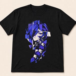 May include: A black short-sleeve t-shirt featuring a graphic print of an anime-style character with dark hair, purple eyes, and a braided hairstyle. The design uses a glitch effect with fragmented blue and white geometric shapes.