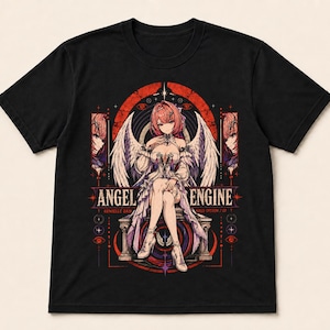May include: A black short-sleeve t-shirt featuring a graphic print of an anime-style winged character sitting on a pedestal. The design includes red and white circular accents, geometric patterns, and the text ANGEL ENGINE in white lettering.