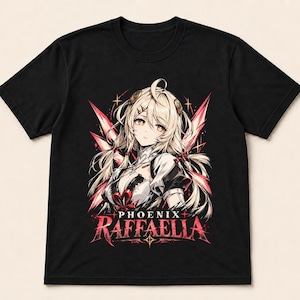 May include: A black short-sleeve t-shirt featuring a graphic print of an anime-style character with blonde hair and red accents. The character is surrounded by stylized red wing-like shapes and stars. The text PHOENIX RAFFAELLA is printed in red.