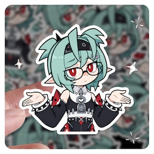 May include: A die-cut vinyl sticker featuring an anime-style character with mint green hair, red eyes, and glasses. The character wears a black outfit with spiked cuffs, a white collar, and a tombstone-shaped pendant with the text RIP engraved.