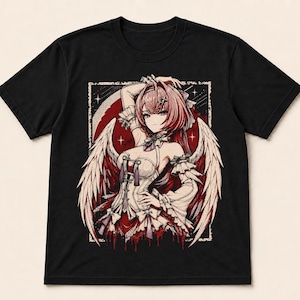 May include: A black short-sleeve t-shirt featuring a graphic print of an anime-style character with pink hair and large white wings. The character wears a white corset-style outfit with red accents, set against a dark red circular background.