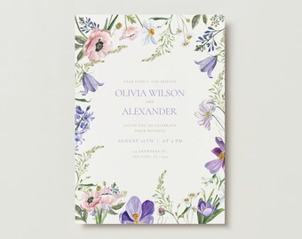 May include: A wedding invitation with a floral border. The invitation is white with purple text. The text reads "Dear Family and Friends, Olivia Wilson and Alexander, Invite you to celebrate their wedding, August 20th at 4 PM, 123 Anywhere St, Any City, ST 12345."