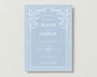 White & Blue Vintage Wedding Invitation, Editable Wedding Invite Template, Classy Minimalistic Wedding Invite, Aesthetic, Printable Template
