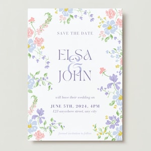 Pastell Rosa, Blau, Lavendel Blumen Zarte Save the Date Hochzeitseinladung, Minimalistische Hochzeit einladen, ästhetische, druckbare Vorlage