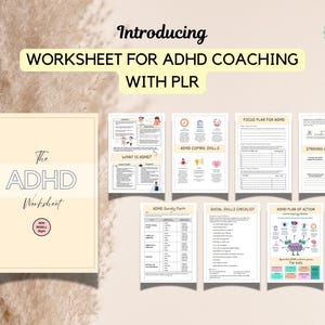Może przedstawiać: Drukowany arkusz roboczy do coachingu ADHD z PLR. Arkusz zawiera sekcje dotyczące tego, czym jest ADHD, umiejętności radzenia sobie z ADHD, planu skupienia się na ADHD, listy kontrolnej umiejętności społecznych, formularza dziennego ADHD i planu działania. Arkusz roboczy został stworzony, aby pomóc osobom z ADHD w zarządzaniu swoimi objawami i prowadzeniu bardziej satysfakcjonującego życia.