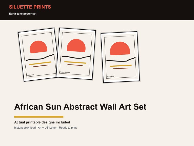 Pu&ograve; includere: Set di tre stampe artistiche astratte incorniciate. Ogni stampa presenta una forma di sole rosso sopra una linea nera e due linee orizzontali gialle e marroni. Le stampe sono intitolate "Rising Sun", "Desert Window" e "Ochre Field". Il testo "African Sun Abstract Wall Art Set" &egrave; sotto.