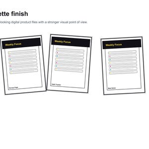 May include: Three digital planner pages with a black header that reads "Weekly Focus". Each page has a white background with horizontal lines and colourful dots. The text "Review Page", "Habit Tracker", and "Meal Notes" are at the bottom.