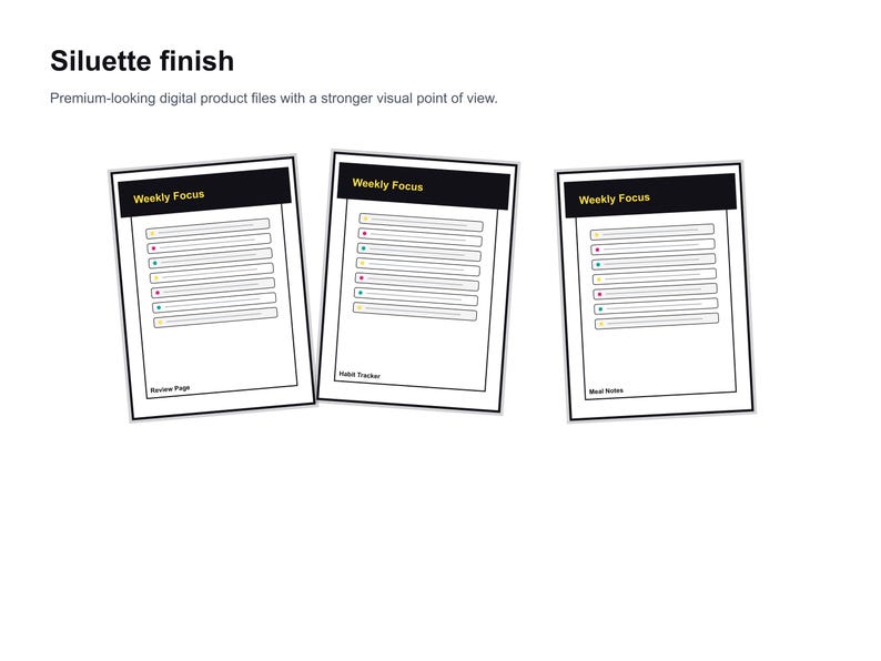 May include: Three digital planner pages with a black header that reads "Weekly Focus". Each page has a white background with horizontal lines and colourful dots. The text "Review Page", "Habit Tracker", and "Meal Notes" are at the bottom.