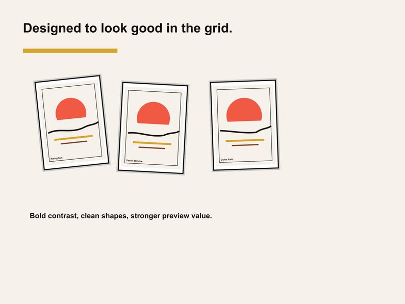 Pu&ograve; includere: Tre stampe artistiche incorniciate con un design minimalista. Ogni stampa presenta una forma di sole rossa sopra una linea nera, con linee gialle e marroni sottostanti. Il testo "Designed to look good in the grid" &egrave; in alto.
