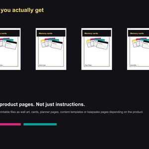 以下が含まれることがあります： 上部に「Memory cards」の文字が入った4枚の白いカード。それぞれカラフルなカードの束が表示されています。「What you actually get」の文字が上部に、「Real product pages. Not just instructions」の文字が下部にあります。