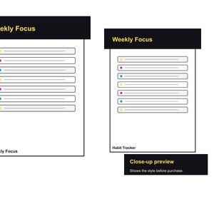 May include: Two white habit trackers with the text "Weekly Focus" in black. Each tracker has horizontal lines with coloured dots. A black box at the bottom right says "Close-up preview" and "Shows the style before purchase."