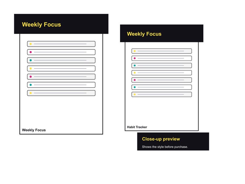 May include: Two white habit trackers with the text "Weekly Focus" in black. Each tracker has horizontal lines with coloured dots. A black box at the bottom right says "Close-up preview" and "Shows the style before purchase."