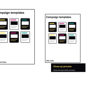 May include: Two white posters with the text "Campaign templates" at the top. Each poster displays six card-like designs with black, white, yellow, pink, and teal accents. One poster is labeled "Launch Post," the other "Offer Slide."