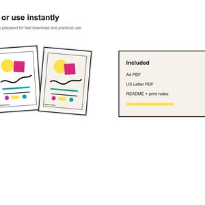 Pu&ograve; includere: Due stampe artistiche incorniciate con disegni astratti. Ogni stampa presenta un cerchio giallo, un quadrato rosa, una linea nera curva e punti e linee turchesi e rosa. Il testo "Print or use instantly" &egrave; in alto.