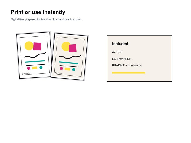 Pu&ograve; includere: Due stampe artistiche incorniciate con disegni astratti. Ogni stampa presenta un cerchio giallo, un quadrato rosa, una linea nera curva e punti e linee turchesi e rosa. Il testo "Print or use instantly" &egrave; in alto.