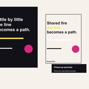 Pu&ograve; includere: Due stampe artistiche minimaliste. Una presenta il testo "Little by little the line becomes a path" su sfondo nero con linee gialle e bianche e un cerchio rosa. L'altra ha il testo "Shared fire the line becomes a path" su sfondo bianco.