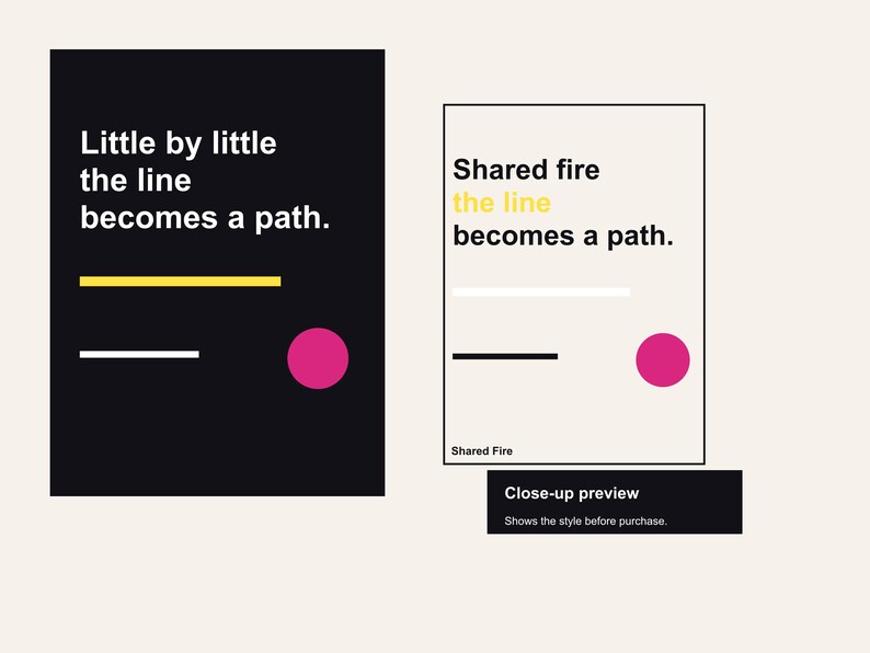 Pu&ograve; includere: Due stampe artistiche minimaliste. Una presenta il testo "Little by little the line becomes a path" su sfondo nero con linee gialle e bianche e un cerchio rosa. L'altra ha il testo "Shared fire the line becomes a path" su sfondo bianco.