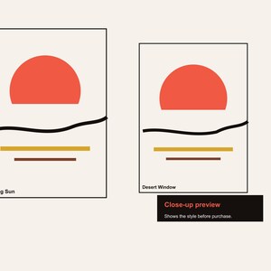 Pu&ograve; includere: Due stampe artistiche incorniciate con design minimalisti. Ognuna presenta un sole rosso, una linea ondulata nera e linee orizzontali gialle e marroni. Una &egrave; intitolata "Rising Sun", l'altra "Desert Window".