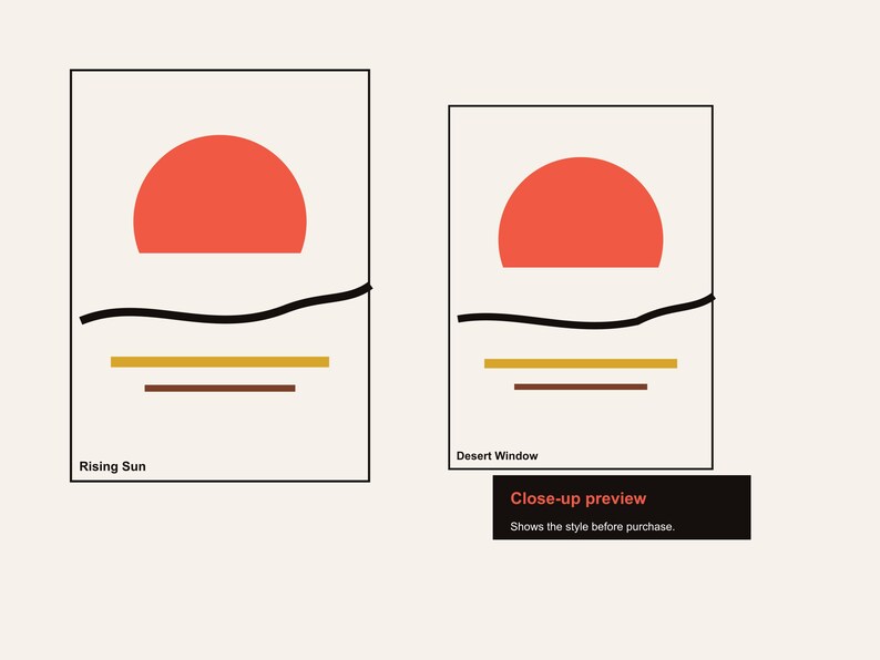 Pu&ograve; includere: Due stampe artistiche incorniciate con design minimalisti. Ognuna presenta un sole rosso, una linea ondulata nera e linee orizzontali gialle e marroni. Una &egrave; intitolata "Rising Sun", l'altra "Desert Window".