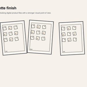 May include: Three framed prints with black borders, each showing a grid of small square images. The text "Siluette finish" and a description are at the top. The bottom of each print is labelled "Field", "Rows", and "Grid".
