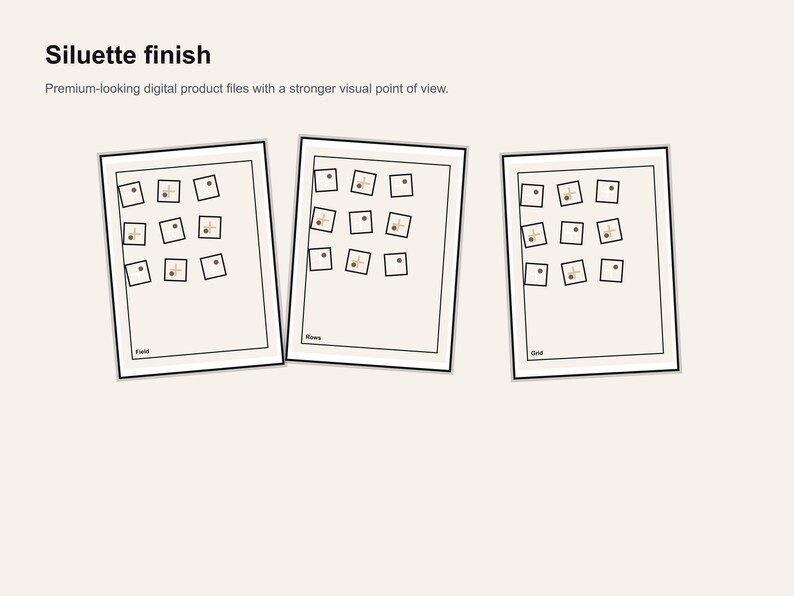 May include: Three framed prints with black borders, each showing a grid of small square images. The text "Siluette finish" and a description are at the top. The bottom of each print is labelled "Field", "Rows", and "Grid".