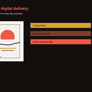 Pu&ograve; includere: Stampa artistica astratta con un sole rosso, una linea nera e linee marroni e gialle su sfondo crema. Il testo "Rising Sun" &egrave; in basso. Sono incluse anche le istruzioni per la consegna digitale.