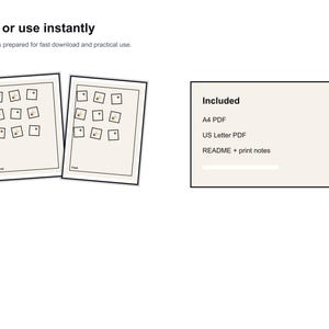 May include: Two beige printable sheets with black borders, each featuring a grid of small squares. The text "Print or use instantly" and "Digital files prepared for fast download and practical use" are at the top. A list of included files is on the right.
