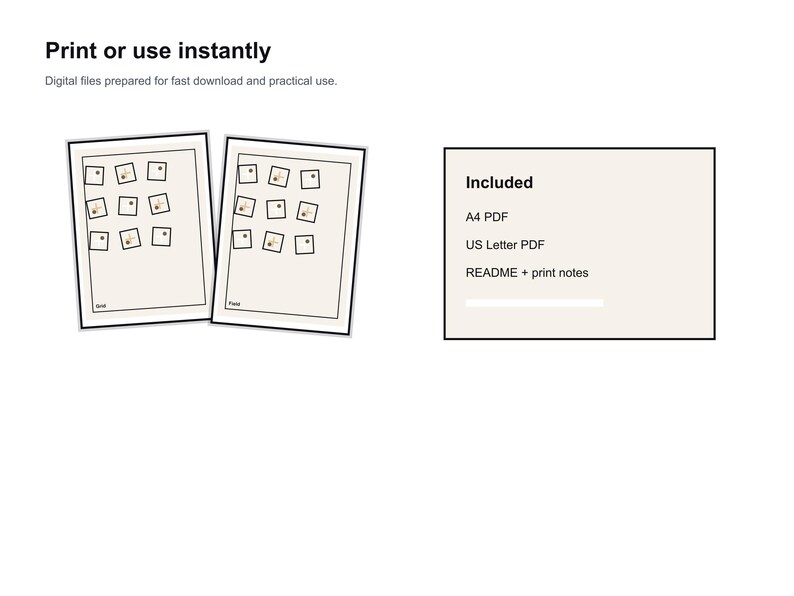 May include: Two beige printable sheets with black borders, each featuring a grid of small squares. The text "Print or use instantly" and "Digital files prepared for fast download and practical use" are at the top. A list of included files is on the right.
