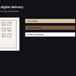May include: Digital art print with nine square images, each with a small cross design. Text reads "Fast digital delivery" and instructions for downloading after purchase. The background is dark with beige and brown rectangles.