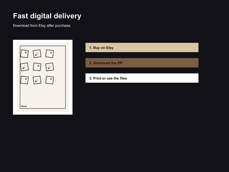 May include: Digital art print with nine square images, each with a small cross design. Text reads "Fast digital delivery" and instructions for downloading after purchase. The background is dark with beige and brown rectangles.