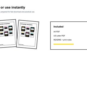 May include: Two white paper templates with the text "Campaign templates" and a series of colorful rectangles. The text "Print or use instantly" is at the top. A list of included files is on the right, including A4 PDF and US Letter PDF.