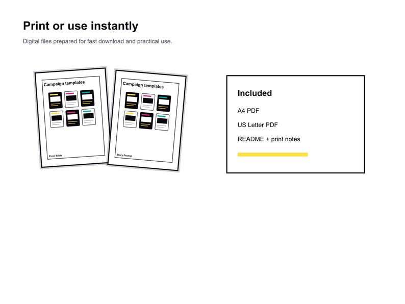May include: Two white paper templates with the text "Campaign templates" and a series of colorful rectangles. The text "Print or use instantly" is at the top. A list of included files is on the right, including A4 PDF and US Letter PDF.