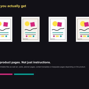 Pu&ograve; includere: Quattro stampe artistiche incorniciate con disegni astratti. Ogni stampa presenta un cerchio giallo, un quadrato rosa, una linea nera curva, una linea turchese e un punto rosa, giallo e turchese. Il testo "What you actually get" &egrave; in alto.