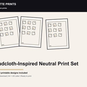May include: Three framed prints with a neutral mudcloth-inspired design. Each print features a grid of small square images with a minimalist aesthetic. The prints are labeled "Marks", "Rows", and "Grid". The text "SILUETTE PRINTS" and "Textile rhythm prints" are at the top.